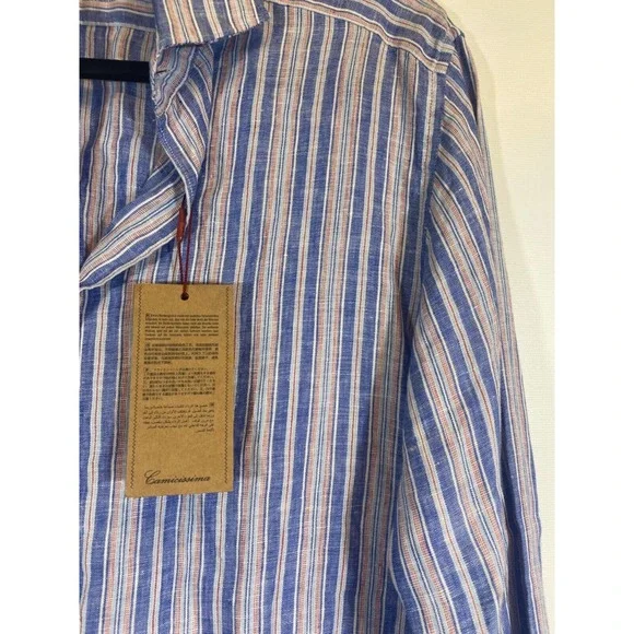 NWT Camicissima Milano Mens Long Sleeve Dress Shirt Linen size 38 (M) Stripe D25 - Picture 2 of 7